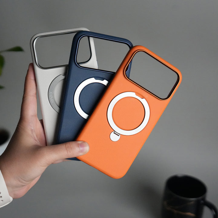 iPhone 17 Pro Max Premium Leather Kickstand Case | Metal Ring Stand | Shockproof Back Cover