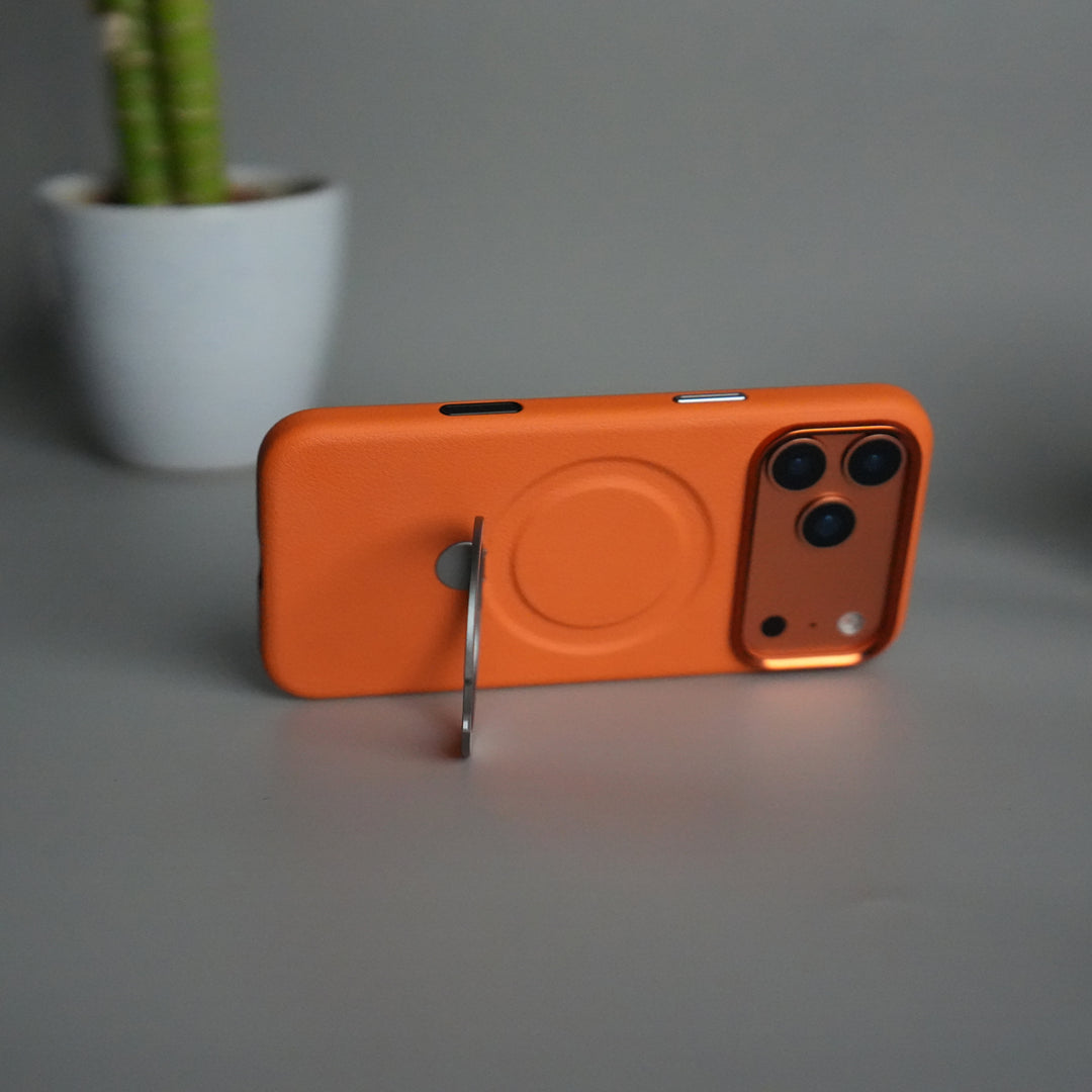 iPhone 17 Pro Max Premium Leather Kickstand Case | Metal Ring Stand | Shockproof Back Cover