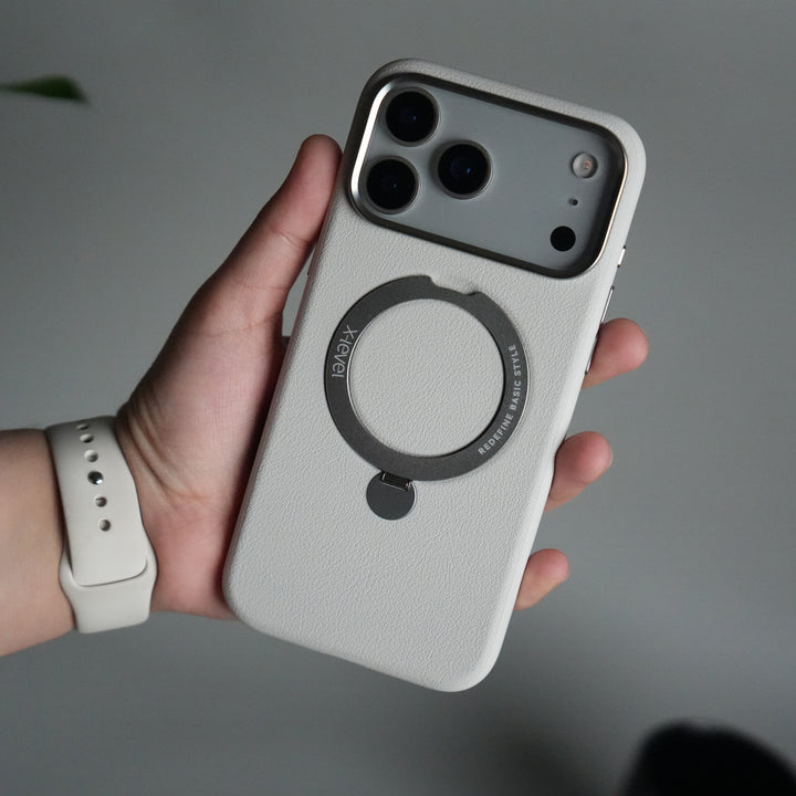 iPhone 17 Pro Max Premium Leather Kickstand Case | Metal Ring Stand | Shockproof Back Cover