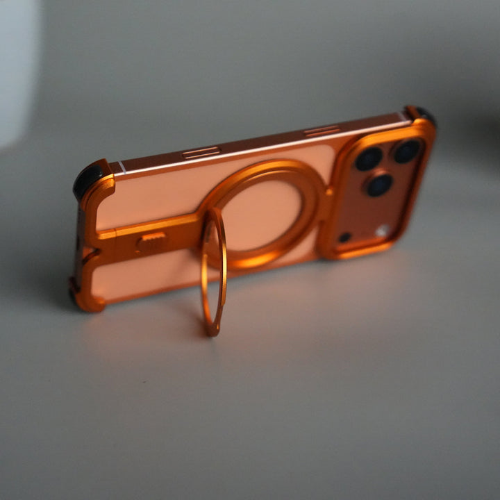 iPhone 17 Pro Max Metal Frameless Bumper Case | Blue Aluminum Protective Cover with 360° Rotating Stand