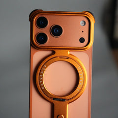 iPhone 17 Pro Max Metal Frameless Bumper Case | Blue Aluminum Protective Cover with 360° Rotating Stand