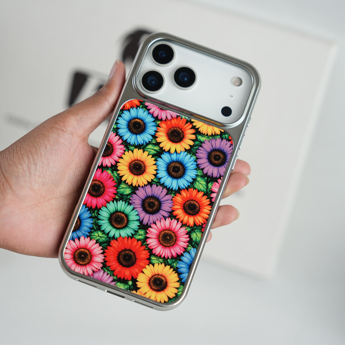iPhone 17 Series Chrome Frame Floral Designer Bloom Case | Slim Protective Back Cover
