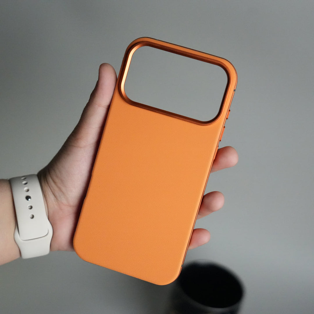 iPhone 17 Series Metal Side Bumper Leather Feel Magsafe case Cover | Orange