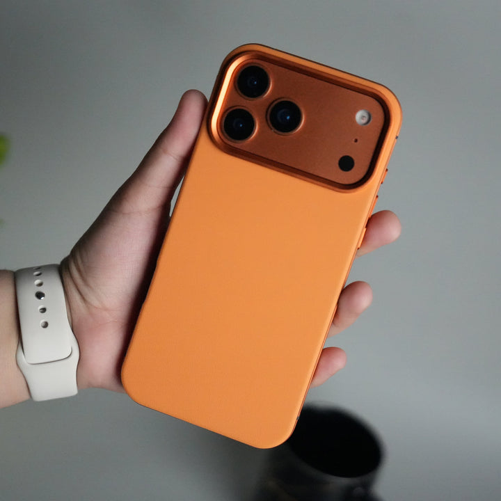 iPhone 17 Series Metal Side Bumper Leather Feel Magsafe case Cover | Orange
