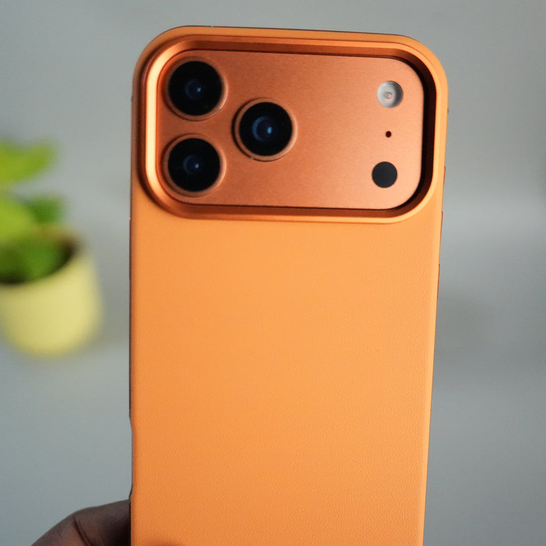 iPhone 17 Series Metal Side Bumper Leather Feel Magsafe case Cover | Orange