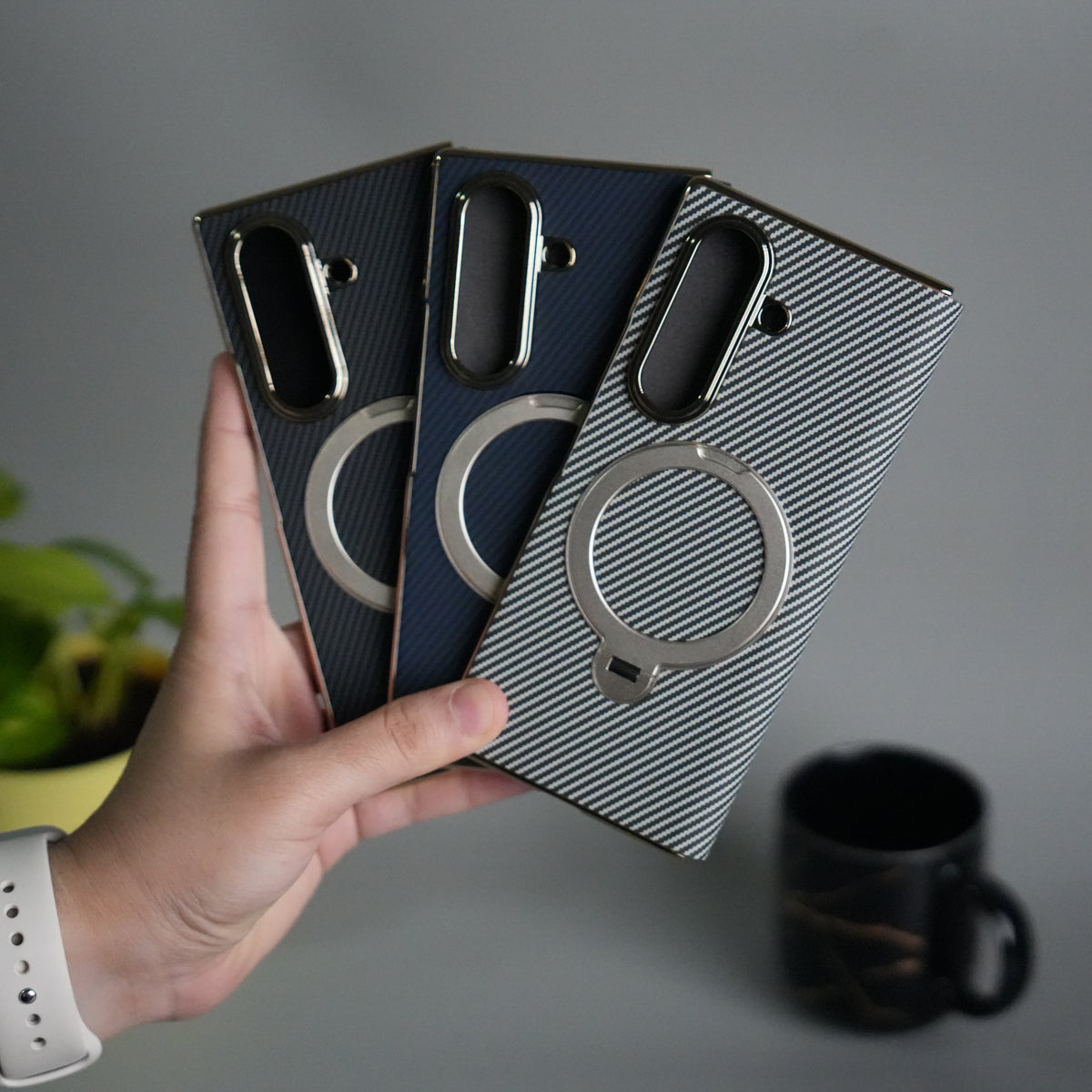 Galaxy Z Fold 7 Premium Carbon-Texture Ring Stand Flip Case