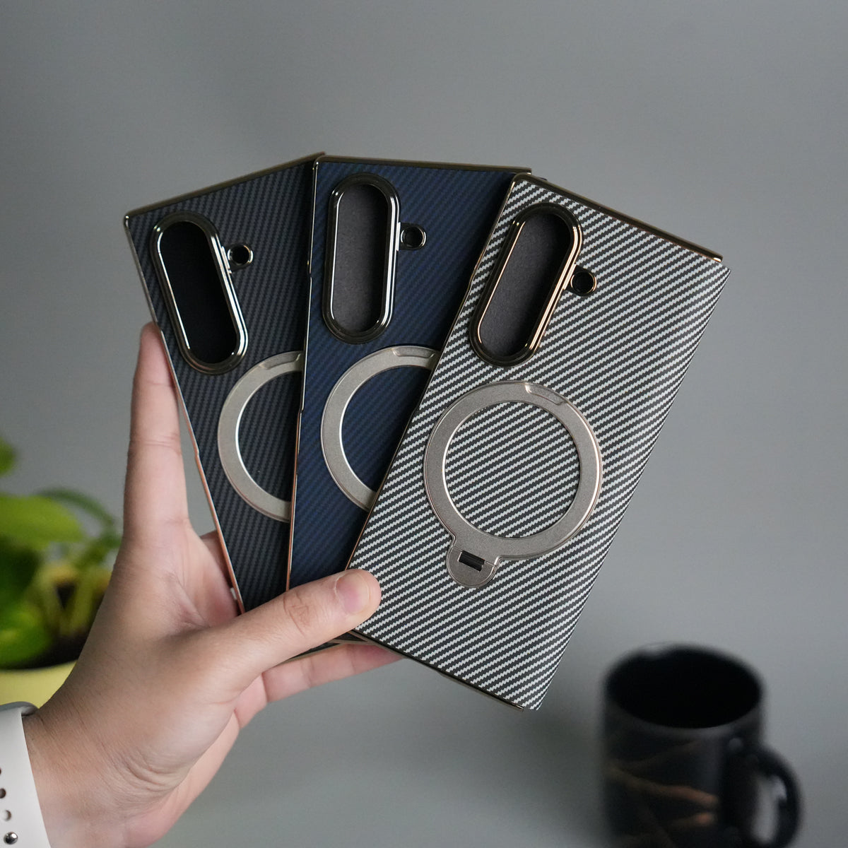 Galaxy Z Fold 7 Premium Carbon-Texture Ring Stand Flip Case