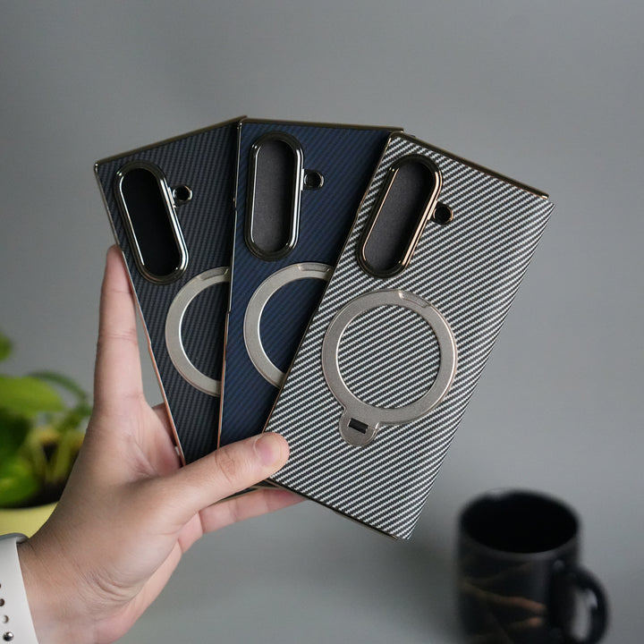 Galaxy Z Fold 7 Premium Carbon-Texture Ring Stand Flip Case