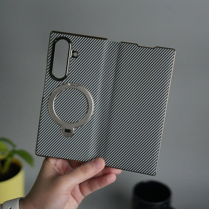 Galaxy Z Fold 7 Premium Carbon-Texture Ring Stand Flip Case