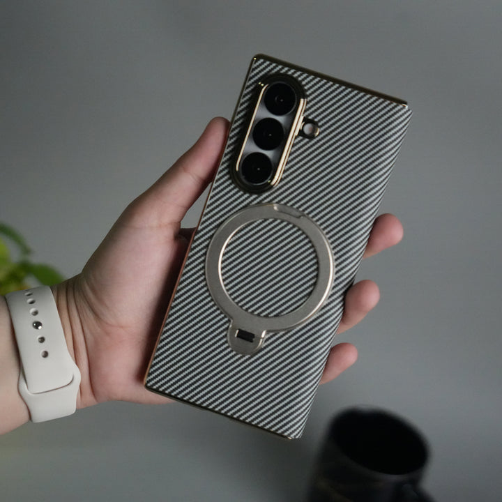 Galaxy Z Fold 7 Premium Carbon-Texture Ring Stand Flip Case