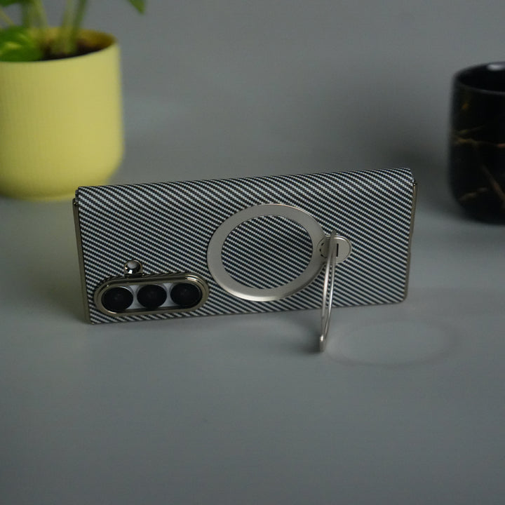 Galaxy Z Fold 7 Premium Carbon-Texture Ring Stand Flip Case