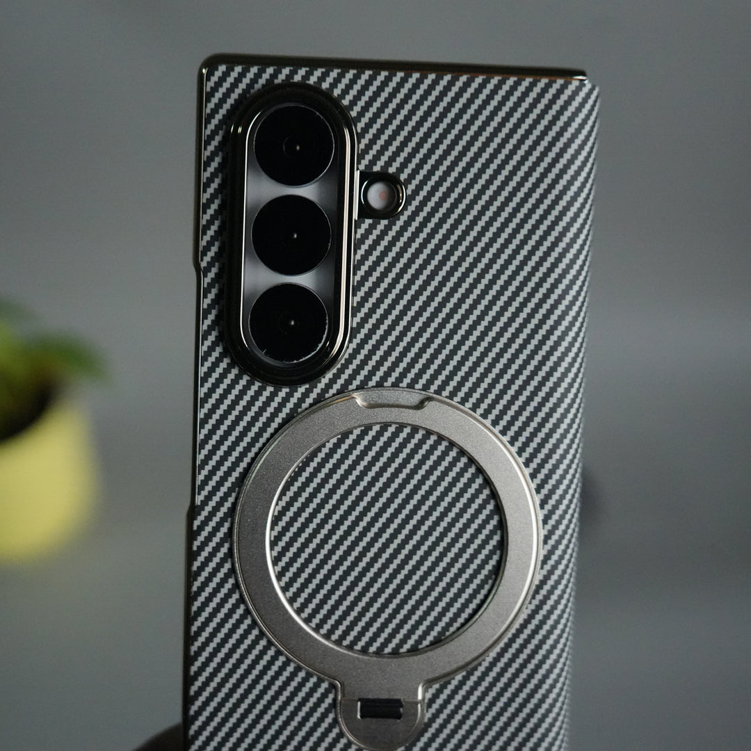 Galaxy Z Fold 7 Premium Carbon-Texture Ring Stand Flip Case