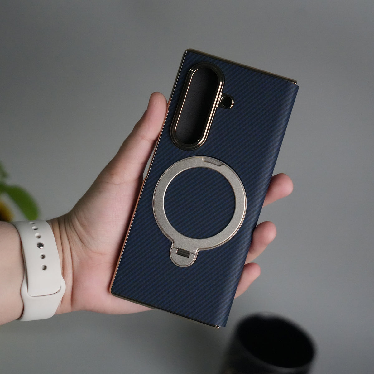 Galaxy Z Fold 7 Premium Carbon-Texture Ring Stand Flip Case