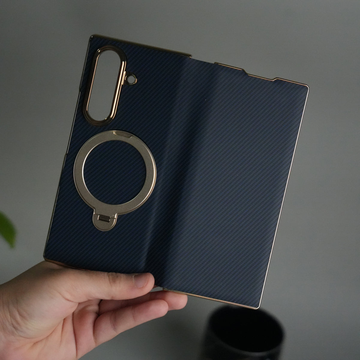 Galaxy Z Fold 7 Premium Carbon-Texture Ring Stand Flip Case
