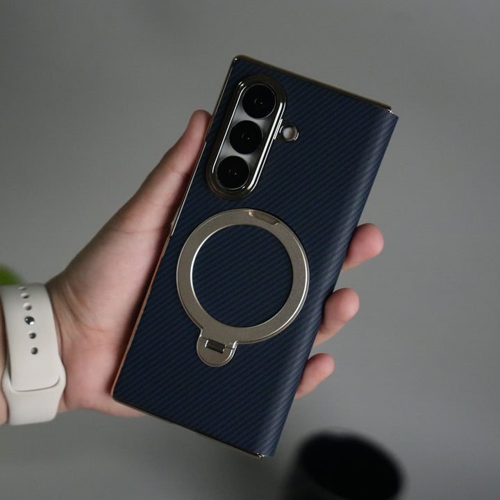 Galaxy Z Fold 7 Premium Carbon-Texture Ring Stand Flip Case