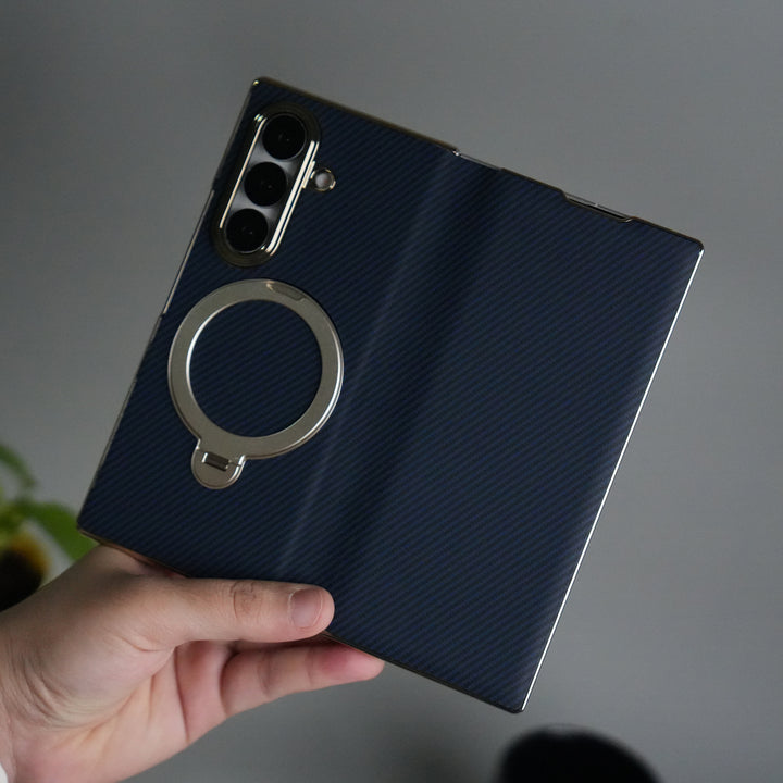 Galaxy Z Fold 7 Premium Carbon-Texture Ring Stand Flip Case