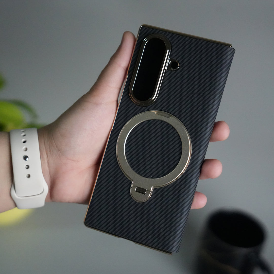 Galaxy Z Fold 7 Premium Carbon-Texture Ring Stand Flip Case