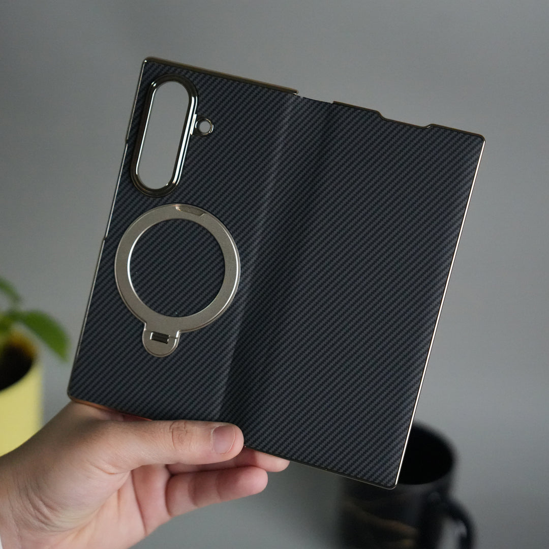 Galaxy Z Fold 7 Premium Carbon-Texture Ring Stand Flip Case