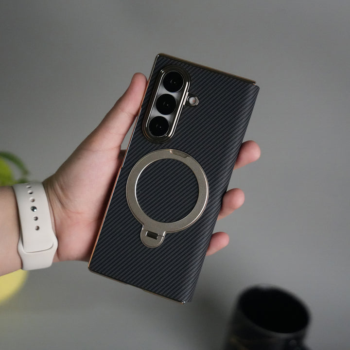 Galaxy Z Fold 7 Premium Carbon-Texture Ring Stand Flip Case