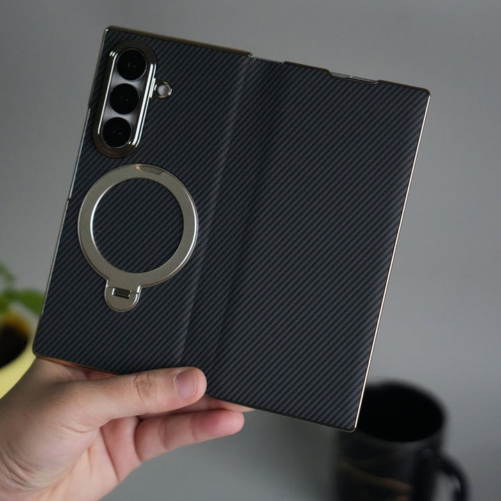 Galaxy Z Fold 7 Premium Carbon-Texture Ring Stand Flip Case