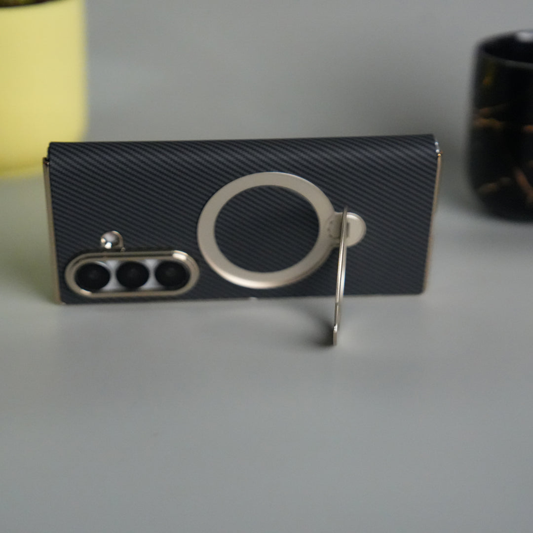 Galaxy Z Fold 7 Premium Carbon-Texture Ring Stand Flip Case