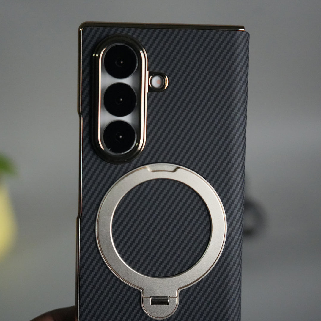 Galaxy Z Fold 7 Premium Carbon-Texture Ring Stand Flip Case
