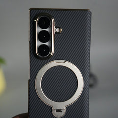 Galaxy Z Fold 7 Premium Carbon-Texture Ring Stand Flip Case