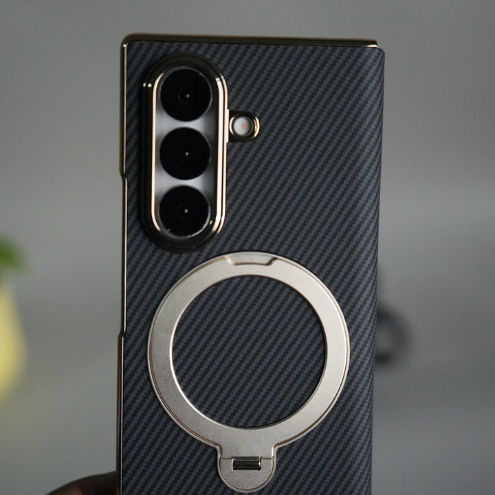 Galaxy Z Fold 7 Premium Carbon-Texture Ring Stand Flip Case