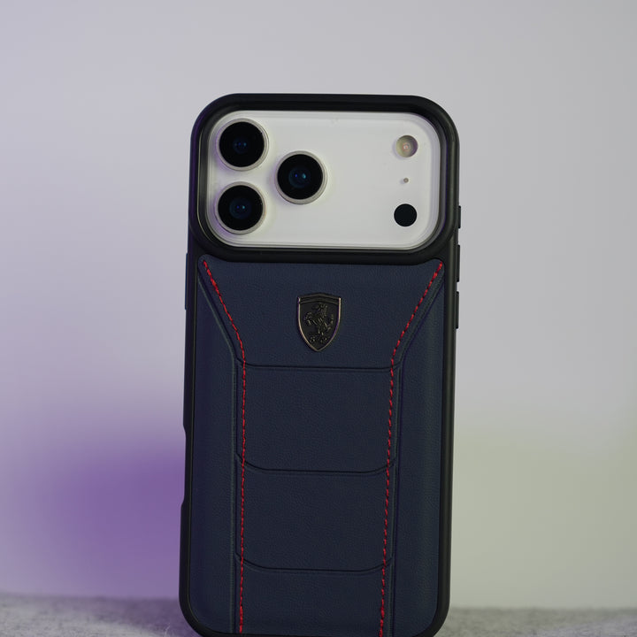 iPhone 17 Series FR Stitched PU Leather Case Cover (Blue)