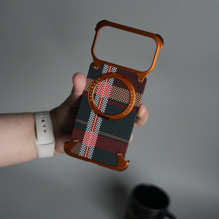 iPhone 17 Series Kevlar Fiber Texture Frameless Metal Kickstand Case | Orange