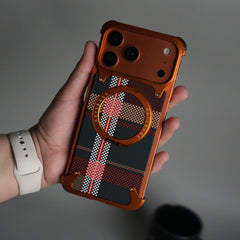 iPhone 18 Series Kevlar Fiber Texture Frameless Metal Kickstand Case | Orange
