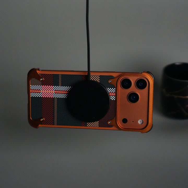 iPhone 17 Series Kevlar Fiber Texture Frameless Metal Kickstand Case | Orange