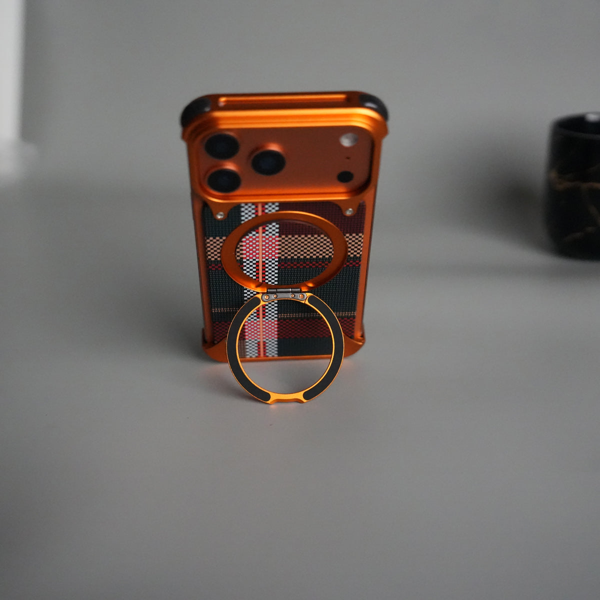 iPhone 18 Series Kevlar Fiber Texture Frameless Metal Kickstand Case | Orange
