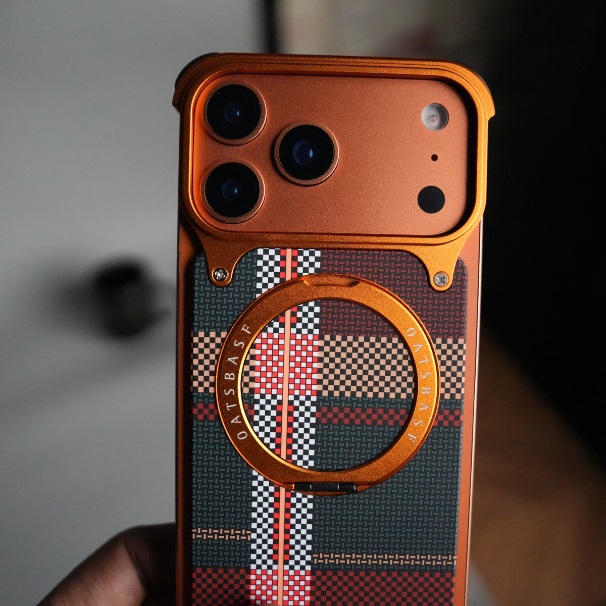 iPhone 18 Series Kevlar Fiber Texture Frameless Metal Kickstand Case | Orange