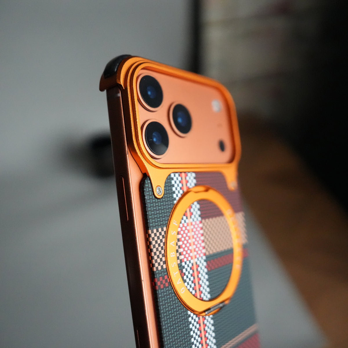 iPhone 18 Series Kevlar Fiber Texture Frameless Metal Kickstand Case | Orange