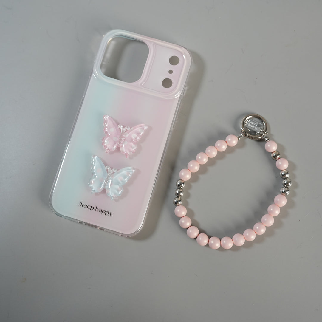 iPhone 17 Pro Max Luxury 3D Butterfly Gradient Case with Pearl Beaded Wristlet