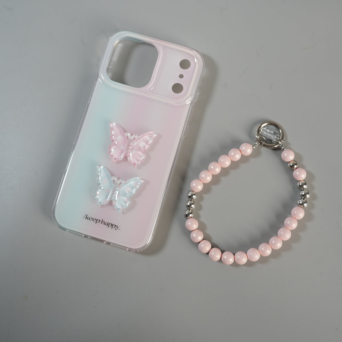 iPhone 17 Pro Max Luxury 3D Butterfly Gradient Case with Pearl Beaded Wristlet