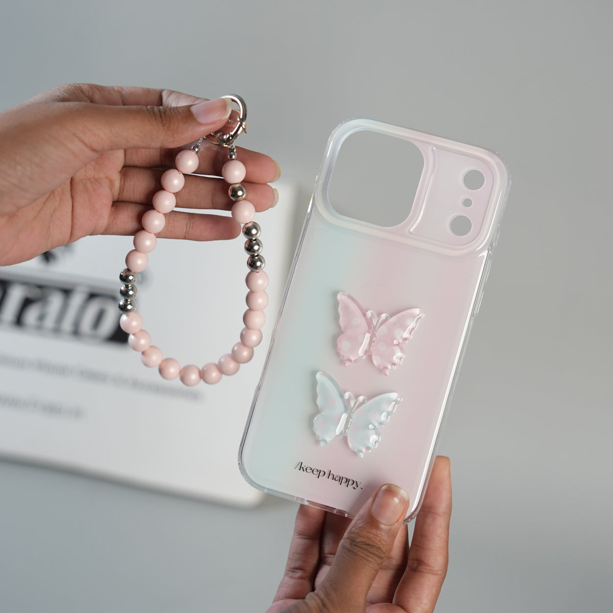 iPhone 17 Pro Max Luxury 3D Butterfly Gradient Case with Pearl Beaded Wristlet
