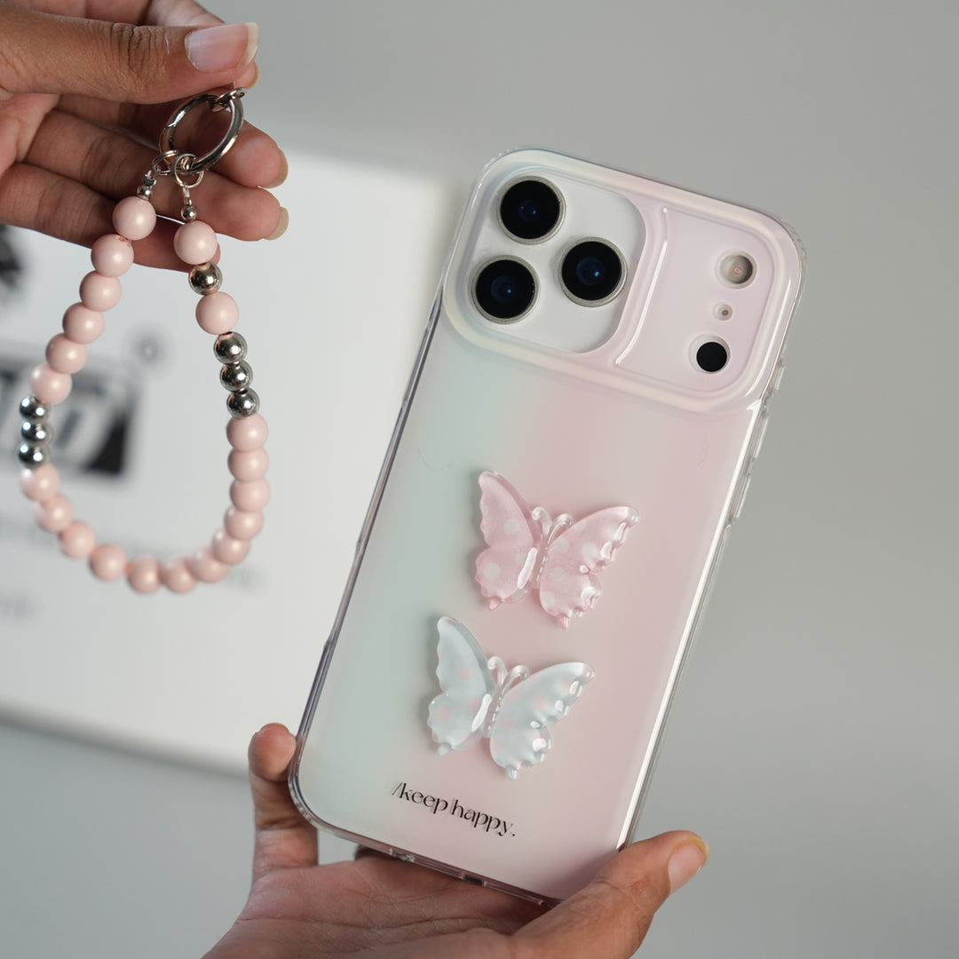iPhone 17 Pro Max Luxury 3D Butterfly Gradient Case with Pearl Beaded Wristlet