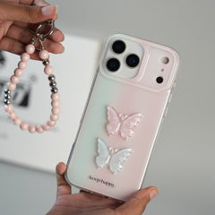 iPhone 17 Pro Max Luxury 3D Butterfly Gradient Case with Pearl Beaded Wristlet