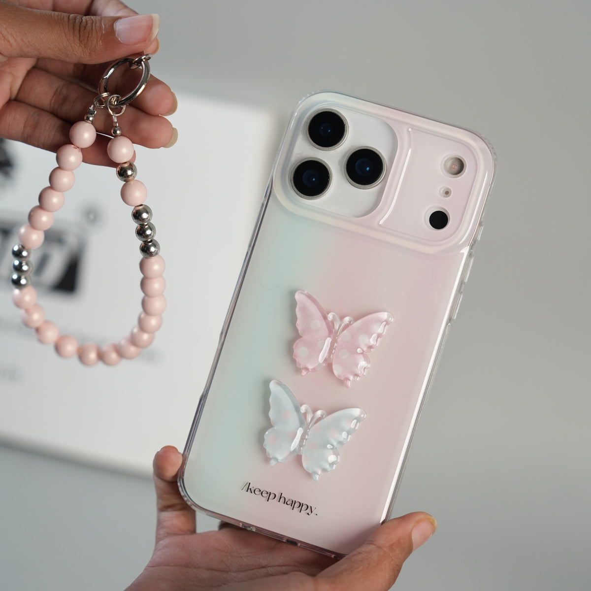 iPhone 17 Pro Max Luxury 3D Butterfly Gradient Case with Pearl Beaded Wristlet