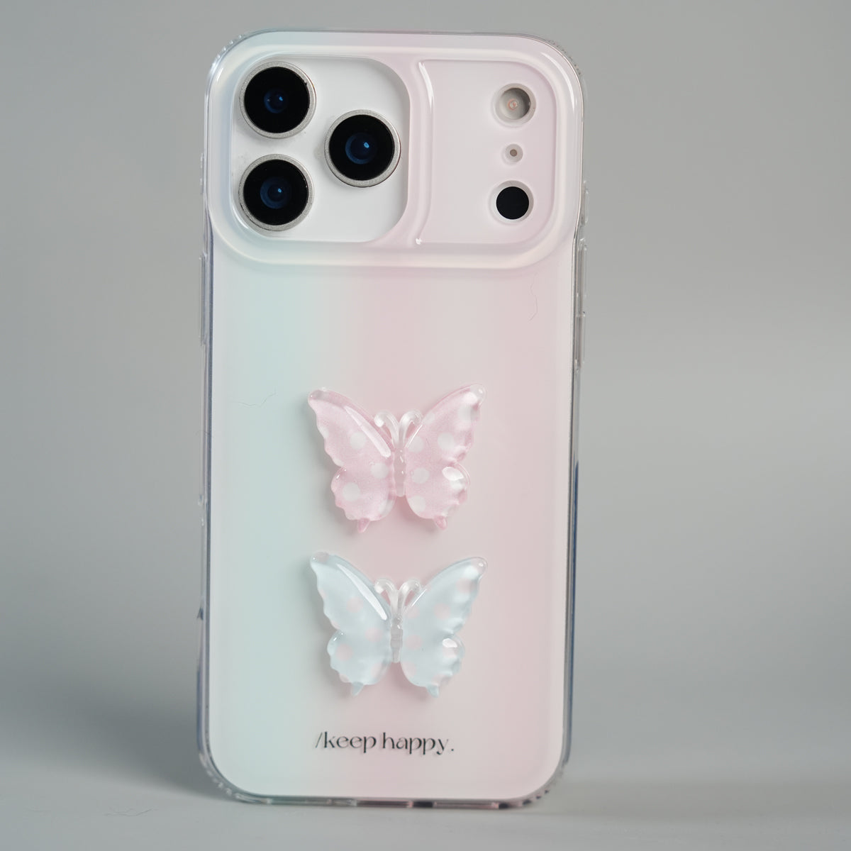 iPhone 17 Pro Max Luxury 3D Butterfly Gradient Case with Pearl Beaded Wristlet