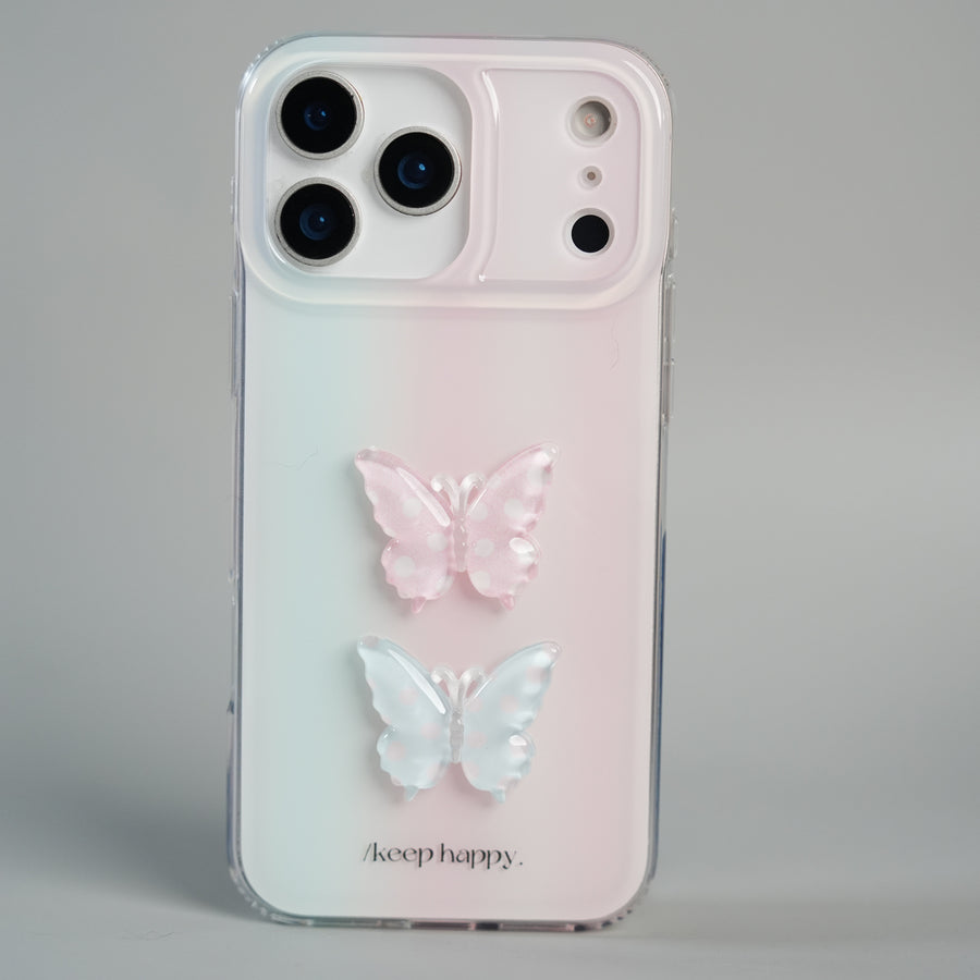 iPhone 17 Pro Max Luxury 3D Butterfly Gradient Case with Pearl Beaded Wristlet
