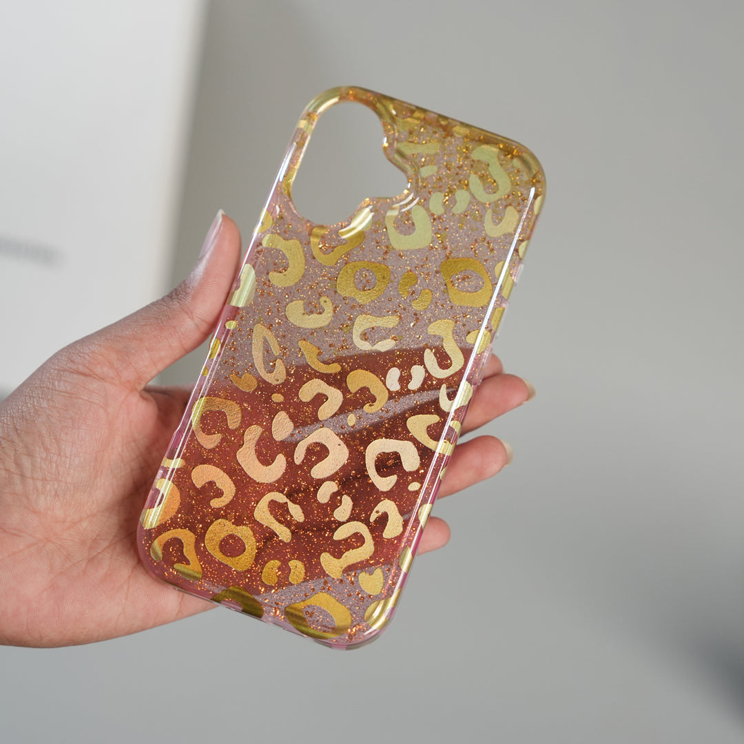 iPhone 17 Series Luxury Gold Leopard Print Glitter Case with Glossy Finish
