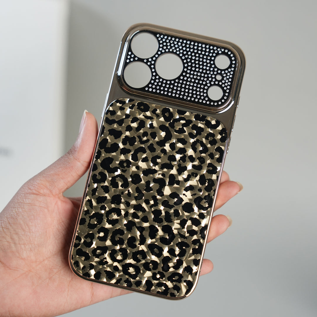 iPhone 17 Series Luxury Leopard Crystal Case with Rhinestone Camera Frame & Glossy Finish