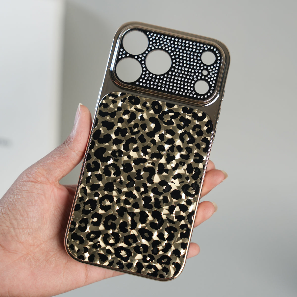 iPhone 17 Series Luxury Leopard Crystal Case with Rhinestone Camera Frame & Glossy Finish