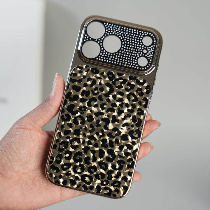 iPhone 17 Series Luxury Leopard Crystal Case with Rhinestone Camera Frame & Glossy Finish