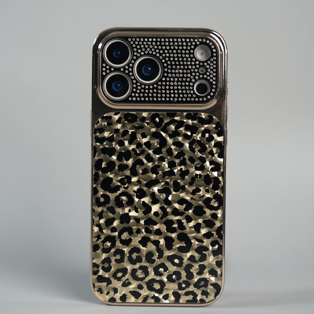 iPhone 17 Series Luxury Leopard Crystal Case with Rhinestone Camera Frame & Glossy Finish