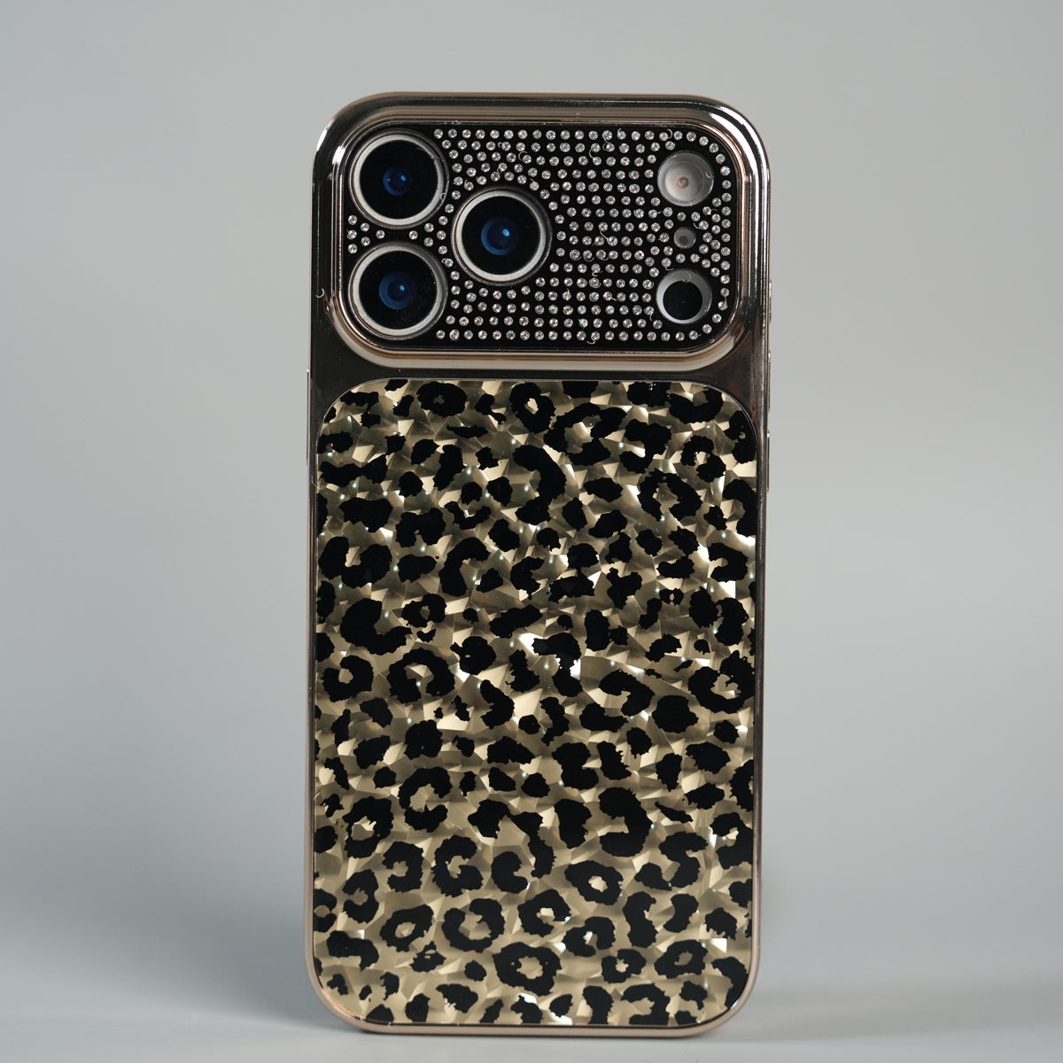 iPhone 17 Series Luxury Leopard Crystal Case with Rhinestone Camera Frame & Glossy Finish