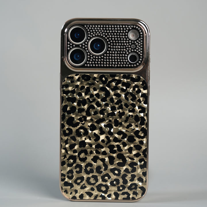 iPhone 17 Series Luxury Leopard Crystal Case with Rhinestone Camera Frame & Glossy Finish